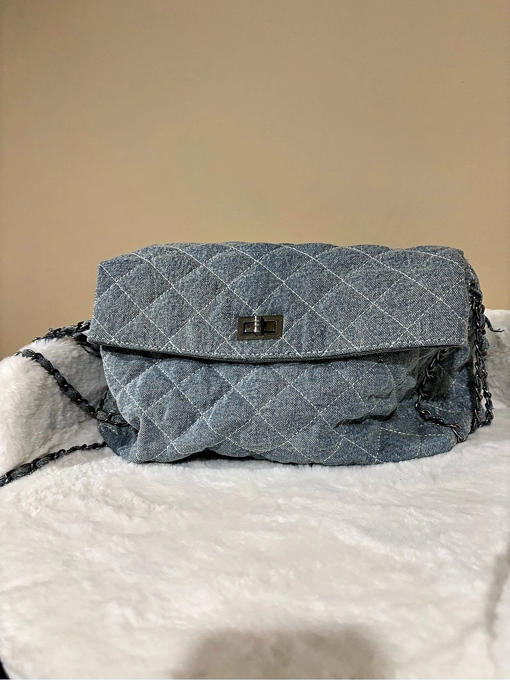 Quilted Chain Shoulder Bag in Light Blue Denim